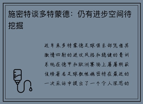 施密特谈多特蒙德：仍有进步空间待挖掘
